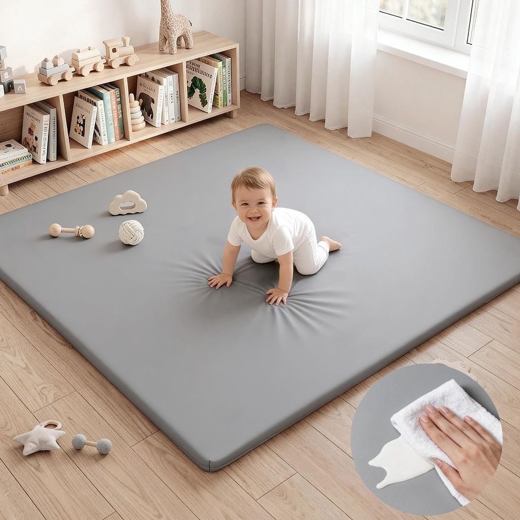 Comomy Baby Spielmatte 127x127cm Einfarbig Leder Krabbelmatte Weich Gepolstert Abwischbar Bodenmatte für Babys Laufgitter Grau