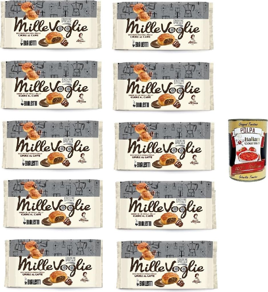 Matilde Vicenzi Millevoglie Caffè Bialetti 100g, Bialetti Blätterteig-Häppchen mit Kaffeefüllung Herz 10x100gr + Italian Gourmet Polpa di Pomod...