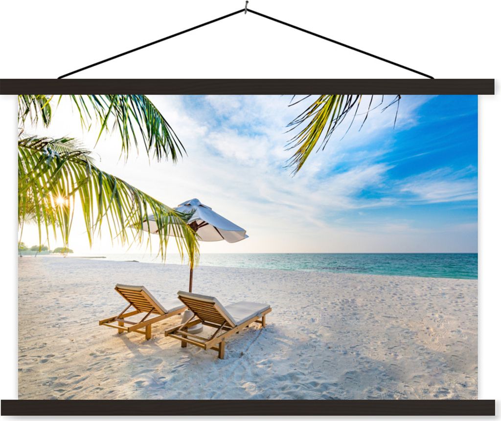 MuchoWow Textilposter Strandkorb - Sonnenschirm - Sonnenuntergang 150x100 cm mit schwarzem Rahmen - Schlafzimmer