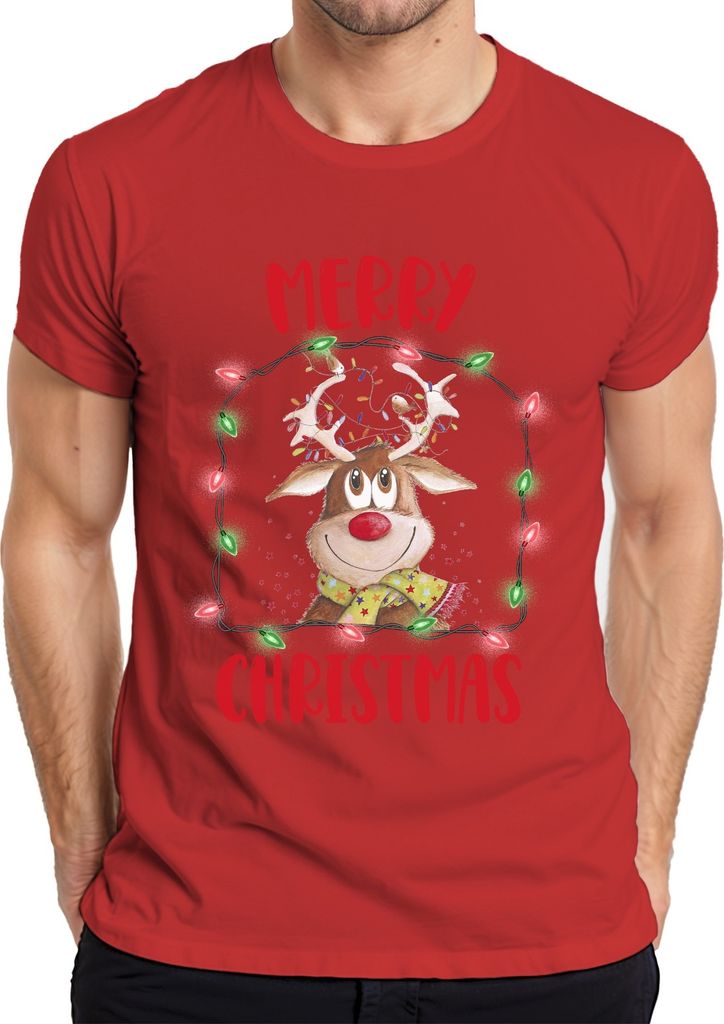 Merry Christmas Rentier Lichterkette - Weihnachten Weihnachtsgeschenk Christmas Herren T-Shirt, Rot, 3XL
