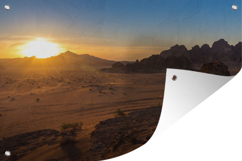 MuchoWow 60x40 cm Outdoor-Poster Gartendeko Sichtschutz Garten Poster für den Garten Wunderschöner Sonnenuntergang hinter den Bergen von Wadi Rum