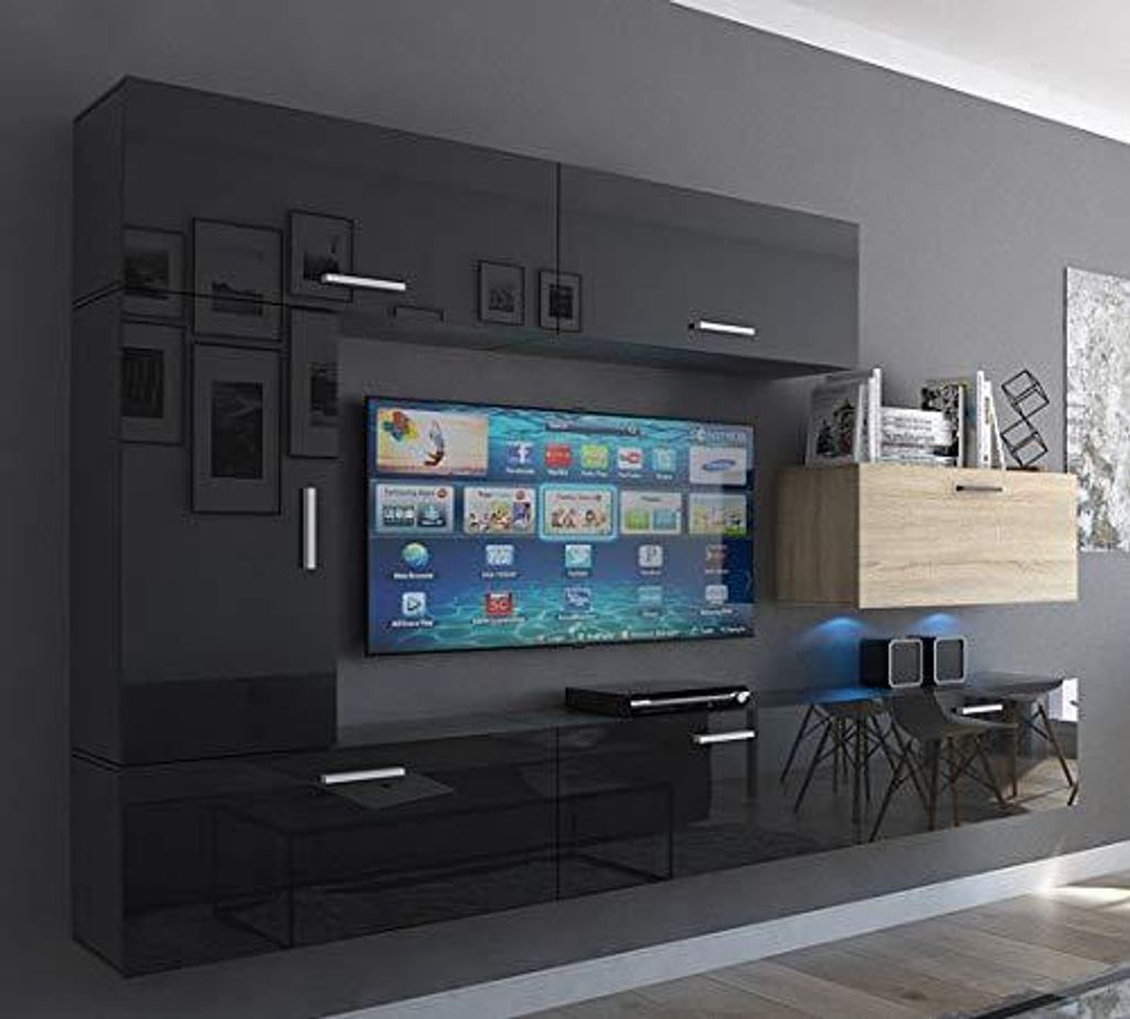 Furnitech Wohnwand Wohnzimmer - Wohnzimmer Möbel mit LED Blau - Hängend Wohnwand Modern - Regale und TV Schrank (Future C10_HGM_BS_9 1B)
