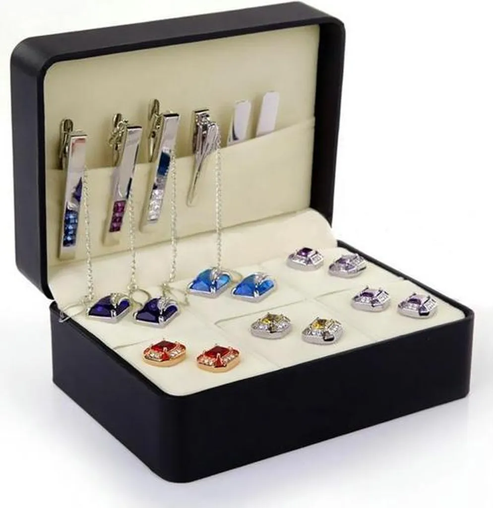 Boîte à bijoux pour 6 paires de boutons de manchette en cuir noir chic