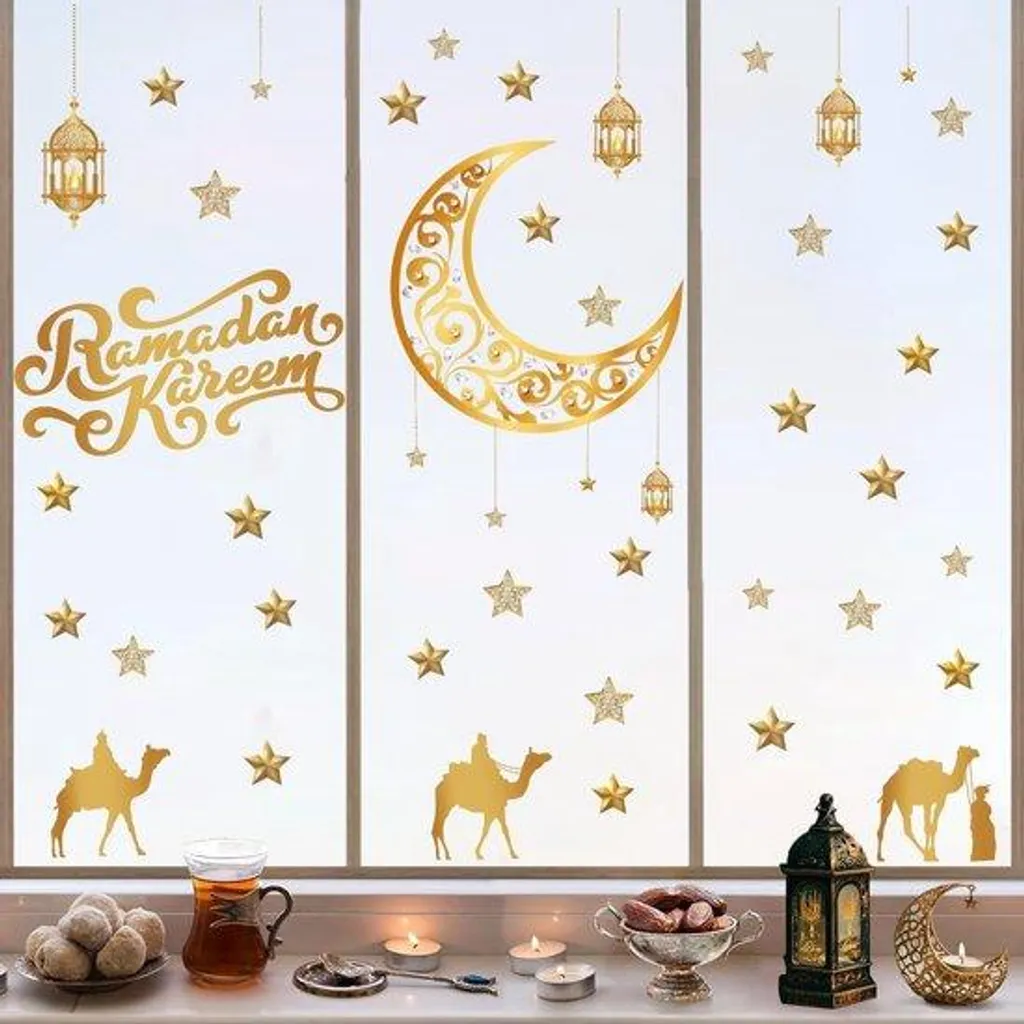 Décoration Ramadan Fenêtre Lune Dorée et Fleurs - Vinyle Repositionnable
