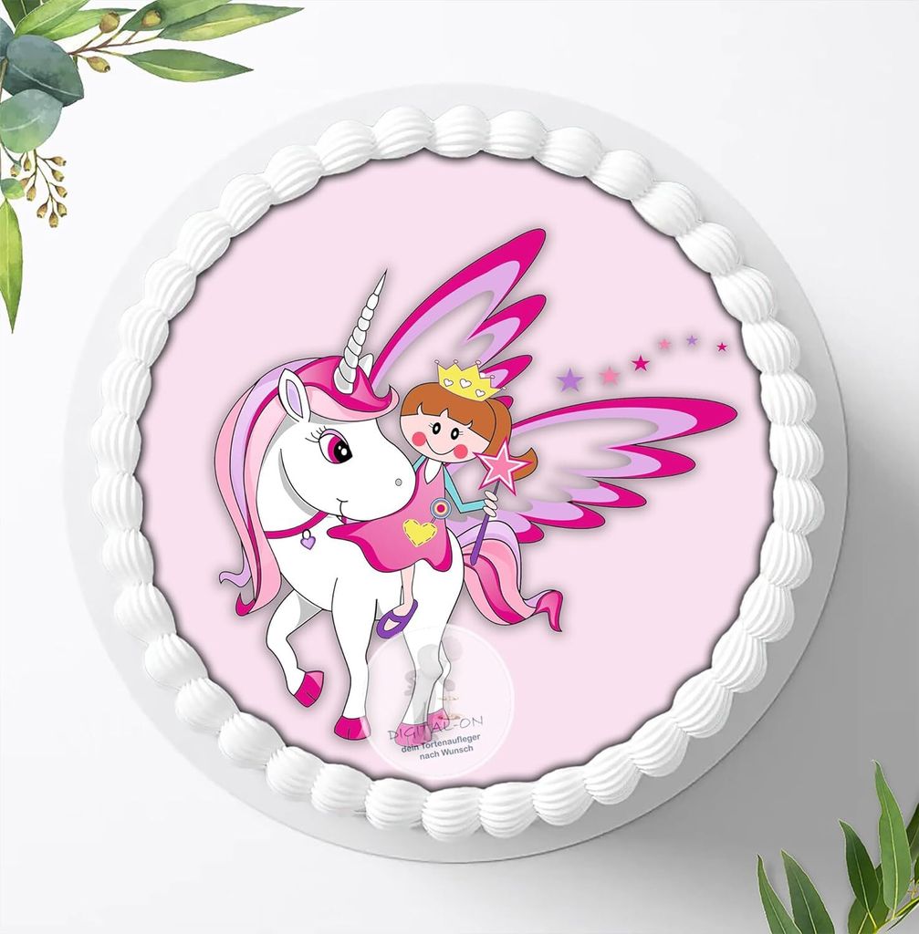Für die Geburtstags Torte ein Tortenaufleger, Zuckerbild mit dem Motiv: Einhörner, Essbares Foto für Torten, Fondant, Ø 20cm, 0262z