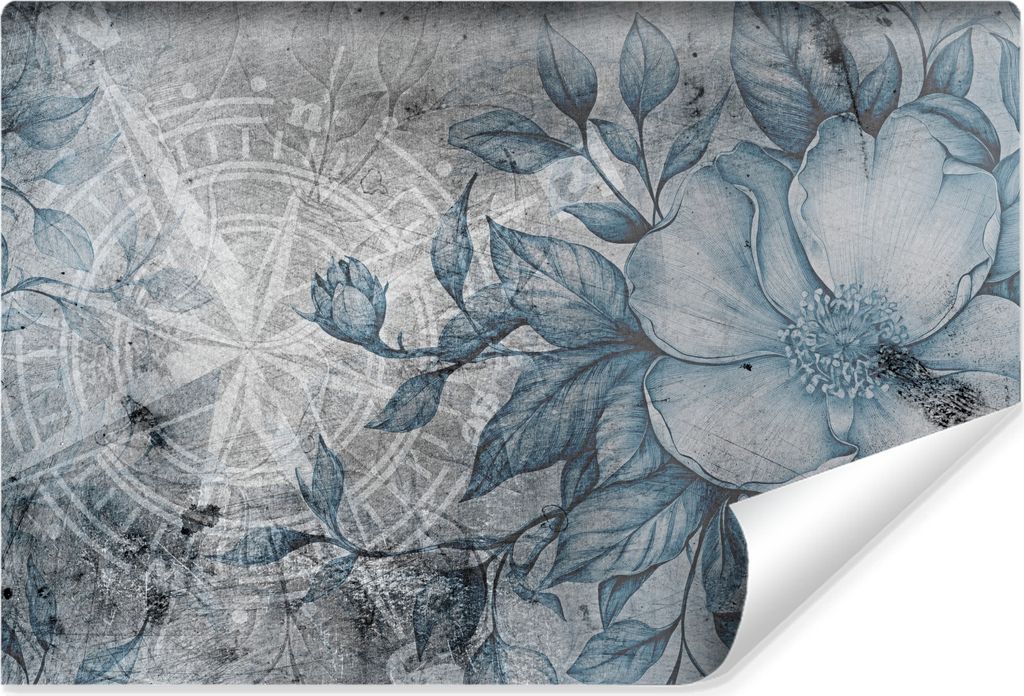 Muralo Selbstklebende Fototapete BLUMEN Kompass Blätter Beton Vintage Stil 416 cm x 290 cm