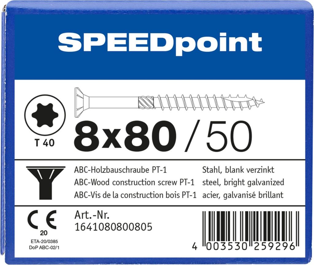 ABC SPEEDpoint Holzbauschraube Senkkopf T40 Teilgewinde Schabenut A2J 8x80mm (50)
