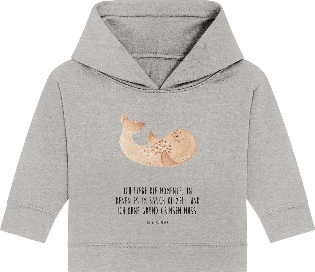 Mr. & Mrs. Panda Organic Baby Hoodie Robbe Liegen 12. - 18. Monat - Heather Grey - Geschenk, Kapuzensweatshirt, Lachen, Ostsee, Strand, Nordsee, Ka...