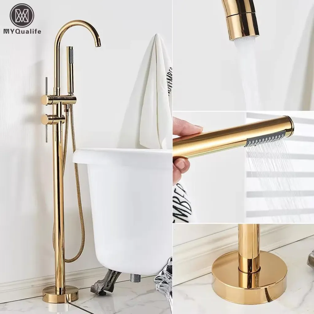 Robinet de baignoire or avec cartouche céramique et douchette à main