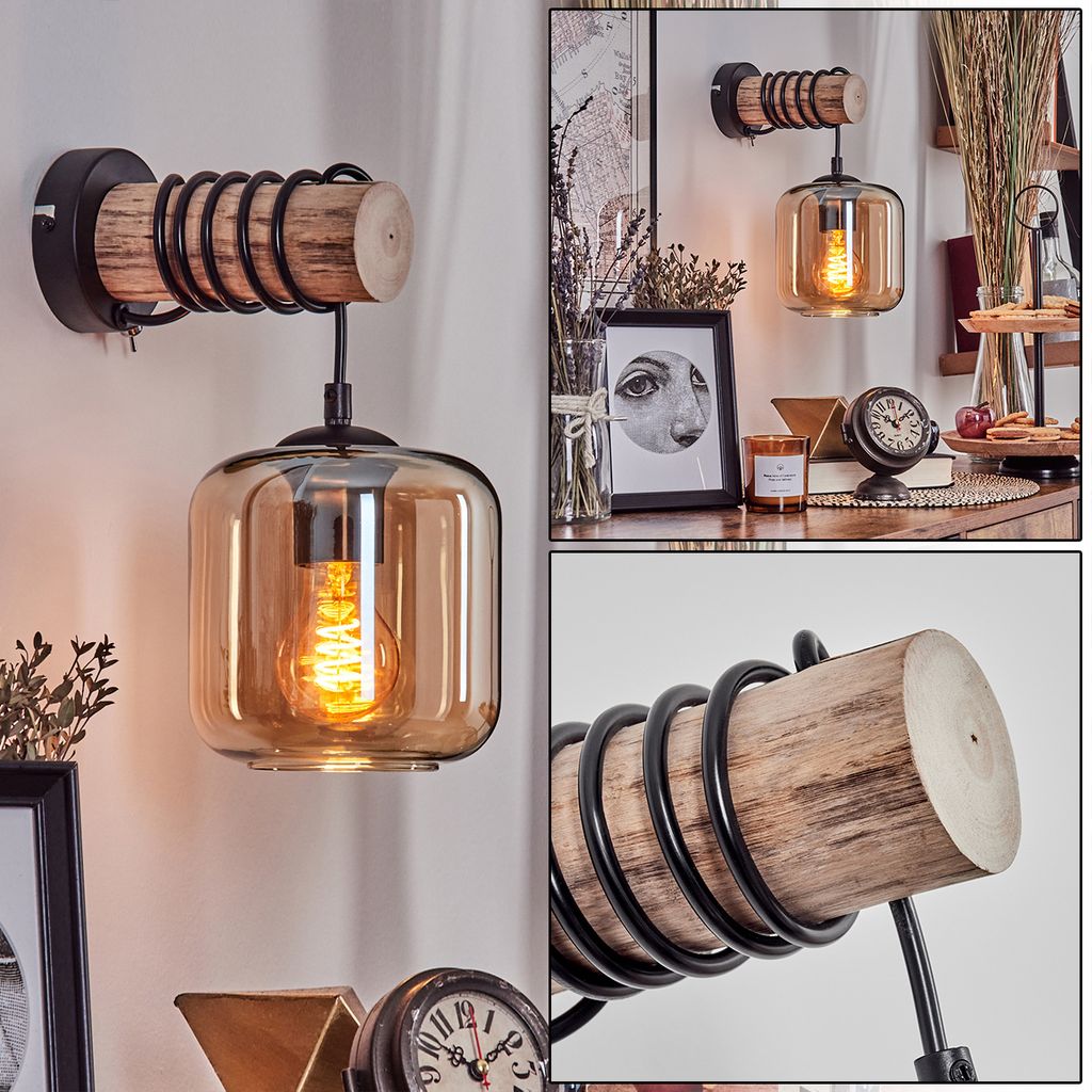 Pernate Wandlampe aus Metall/Holz/Glas in Schwarz/Natur/Bernstein