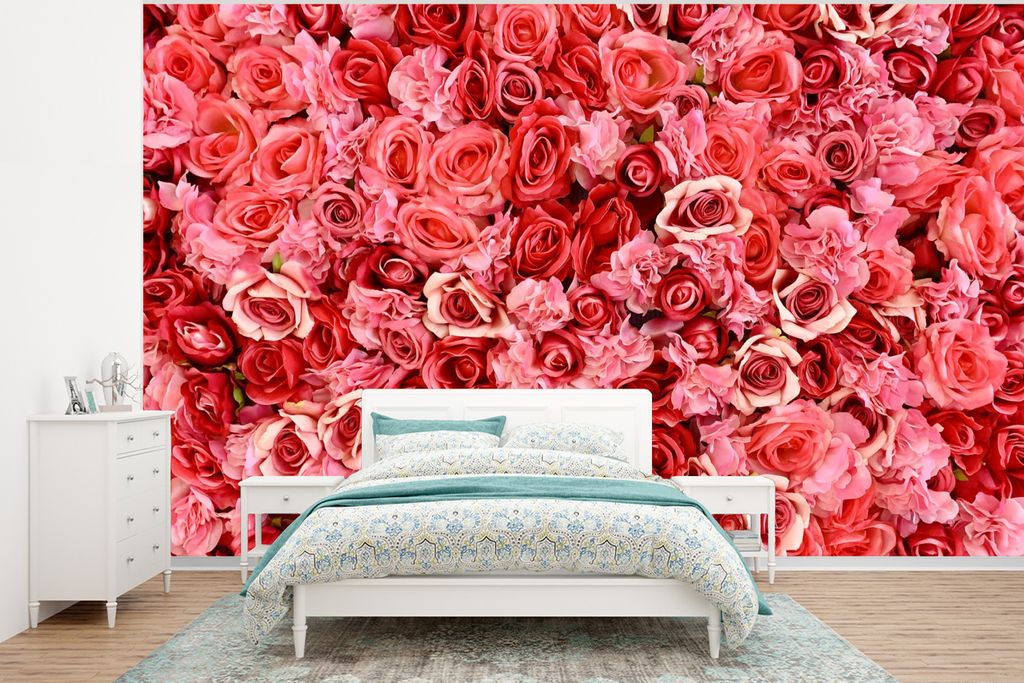 MuchoWow Fototapete für Wohnzimmer oder Schlafzimmer Wandtapete Vinyl Motivtapete Rosen - Rosa - Rot - 400x300 cm - Papiertapeten