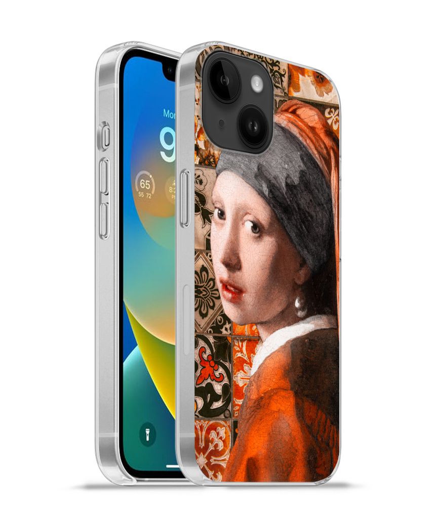 MuchoWow Handyhülle Schutzhülle Hülle für Apple iPhone 14 - Softcase Mädchen mit Perlenohrring - Kacheln - Vermeer Silikon Softcase Handy H...