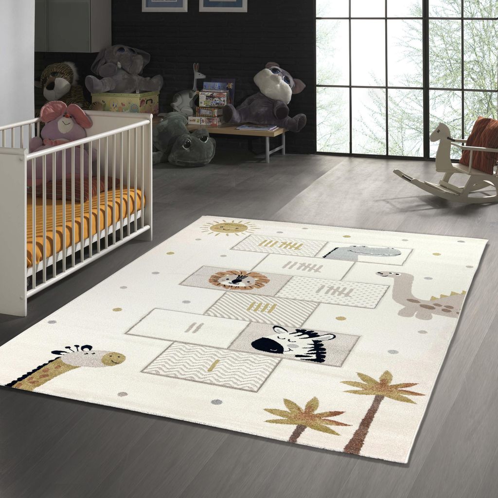 Kinderteppich mit Tieren & Hüpfspiel Weich, Pflegeleicht & Strapazierfähig in creme Größe - 240 x 340 cm