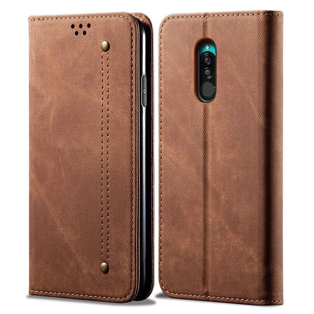 Custodia Redmi 8 Portafoglio in Pelle Marrone con Chiusura Magnetica