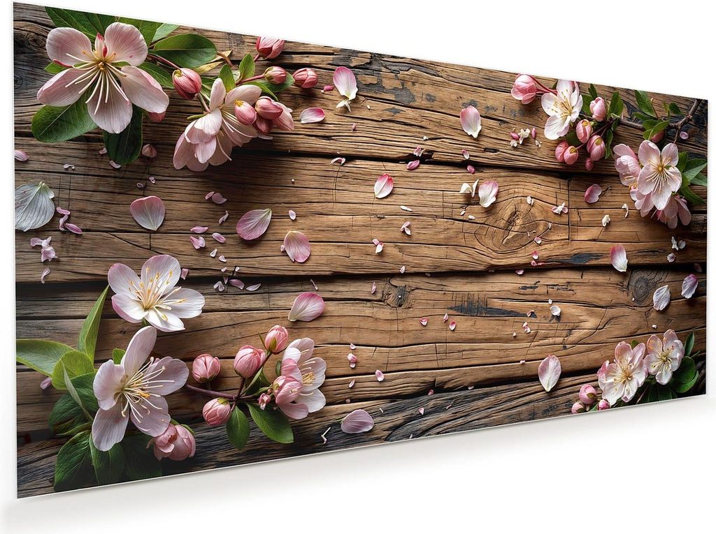 Glasbild 120x60cm in XXL für Wohnzimmer, Schlafzimmer Motiv Blüten auf Holz