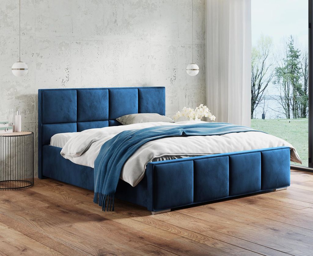 Doppelbett mit Metallgestell Quatro, Bett mit Gashebebühne, velour (Stoff: kronos 09 - marineblau, Große: 140x200 cm)