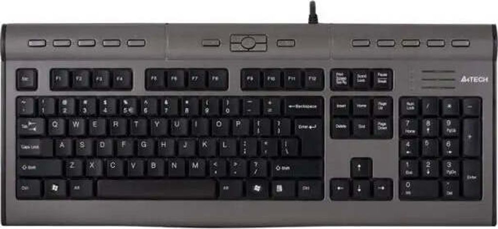 A top-down view of a gray and black A4TECH KL-7MUU multimedia keyboard.