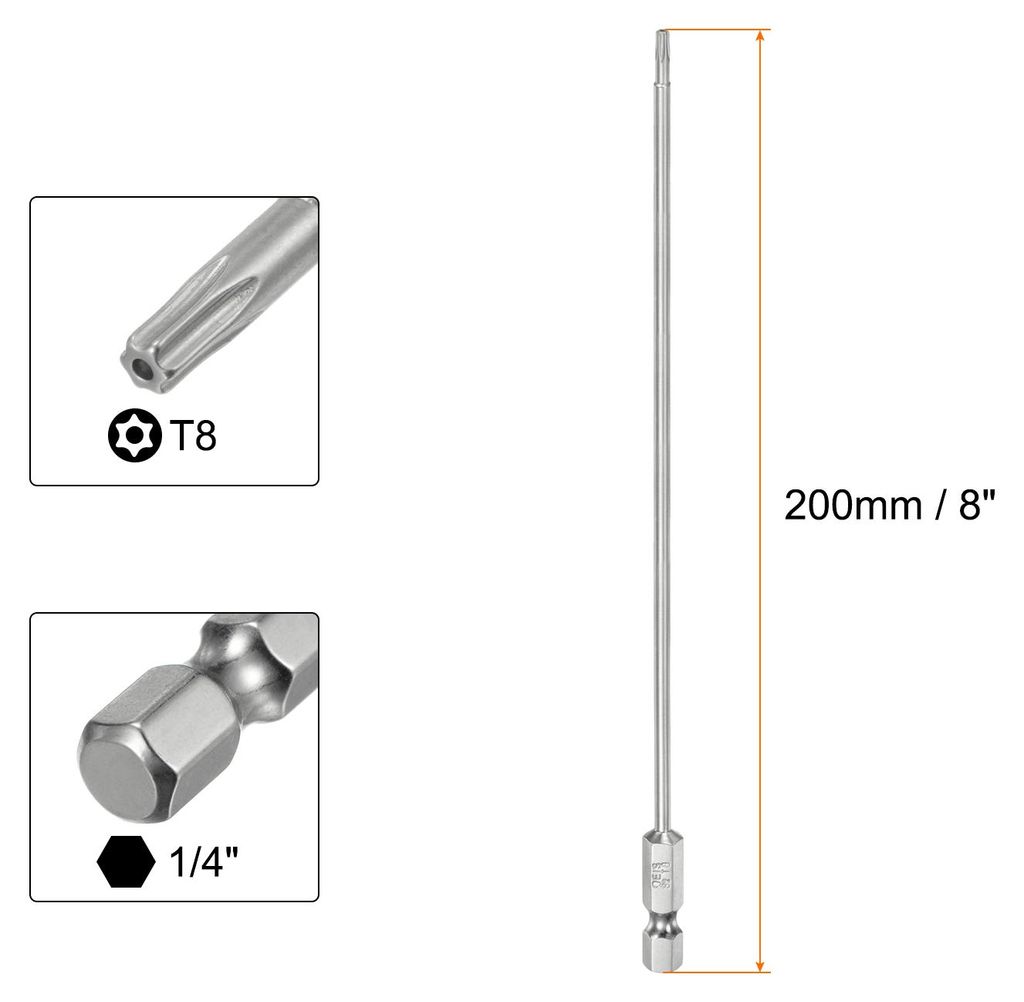 2 Stš¹ck T8 Torx Bit 1/4" Sechskantschaft 200 mm Lang S2 Stahl Magnetische Manipulationssichere Stern Bitsatz Schraubendreher mit Loch fš¹r Akk...