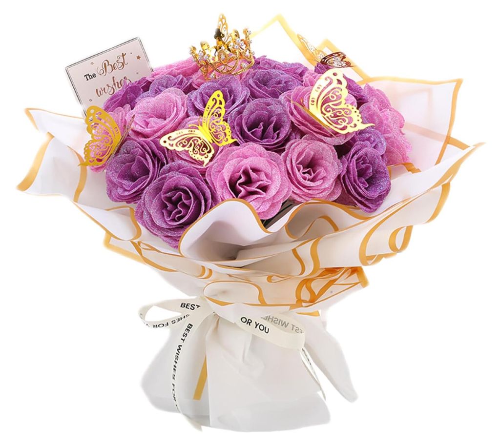 Strauß aus 36 Glitzerrosen, künstliche Rosensträuße, DIY-Kunstblumensträuße mit Glitzer und Krone für Valentinstag, Hochzeit, Verlobung, Geb...