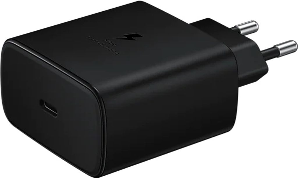 A black Samsung USB-C fast charger with a lightning bolt logo and text indicating fast charging.