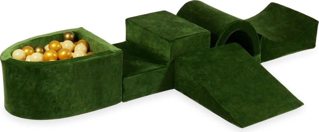 Schaumstoff-Spielset mit Brücke und Mikro-Bällepool – Samtig weiches Olivgrün + 100 Bällebadbälle / Beige, Gold, Altgold