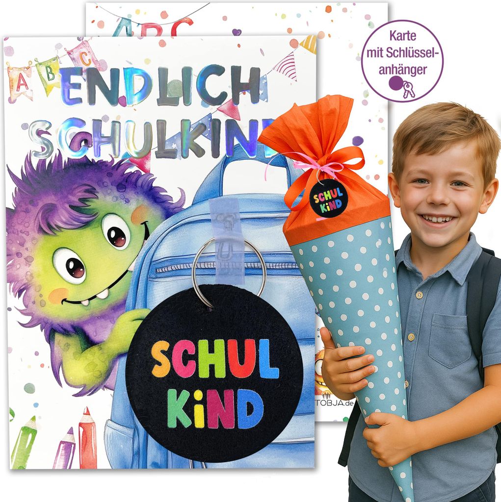 Geschenk zur Einschulung Junge | Karte Monster mit glänzender Folie & Schultüten Anhänger | Schlüsselanhänger Schulkind, Für Zuckertüte