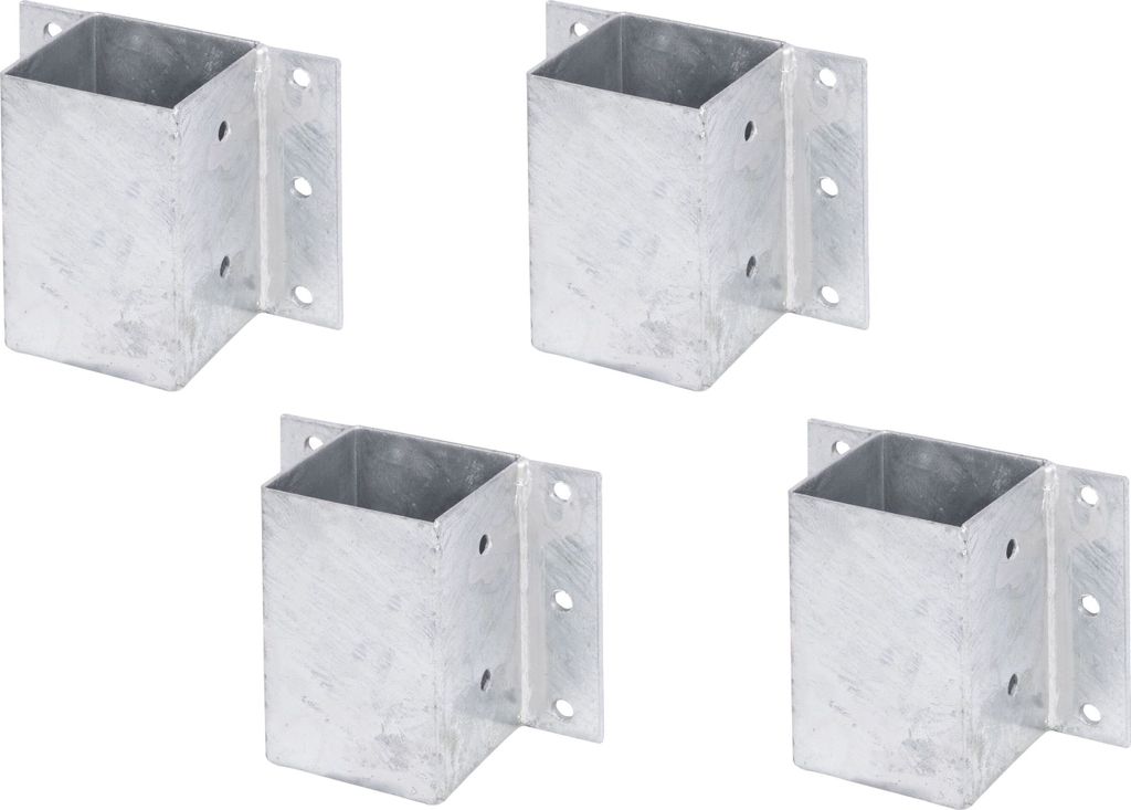 Four metal post anchors are arranged in a grid on a white background.