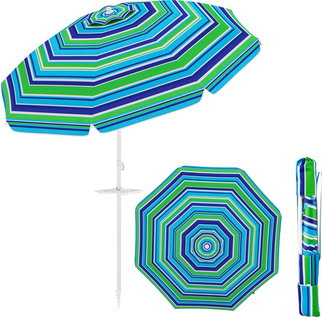 A beach umbrella is shown in three different views: open and angled, closed and upright, and open from a top-down perspective.