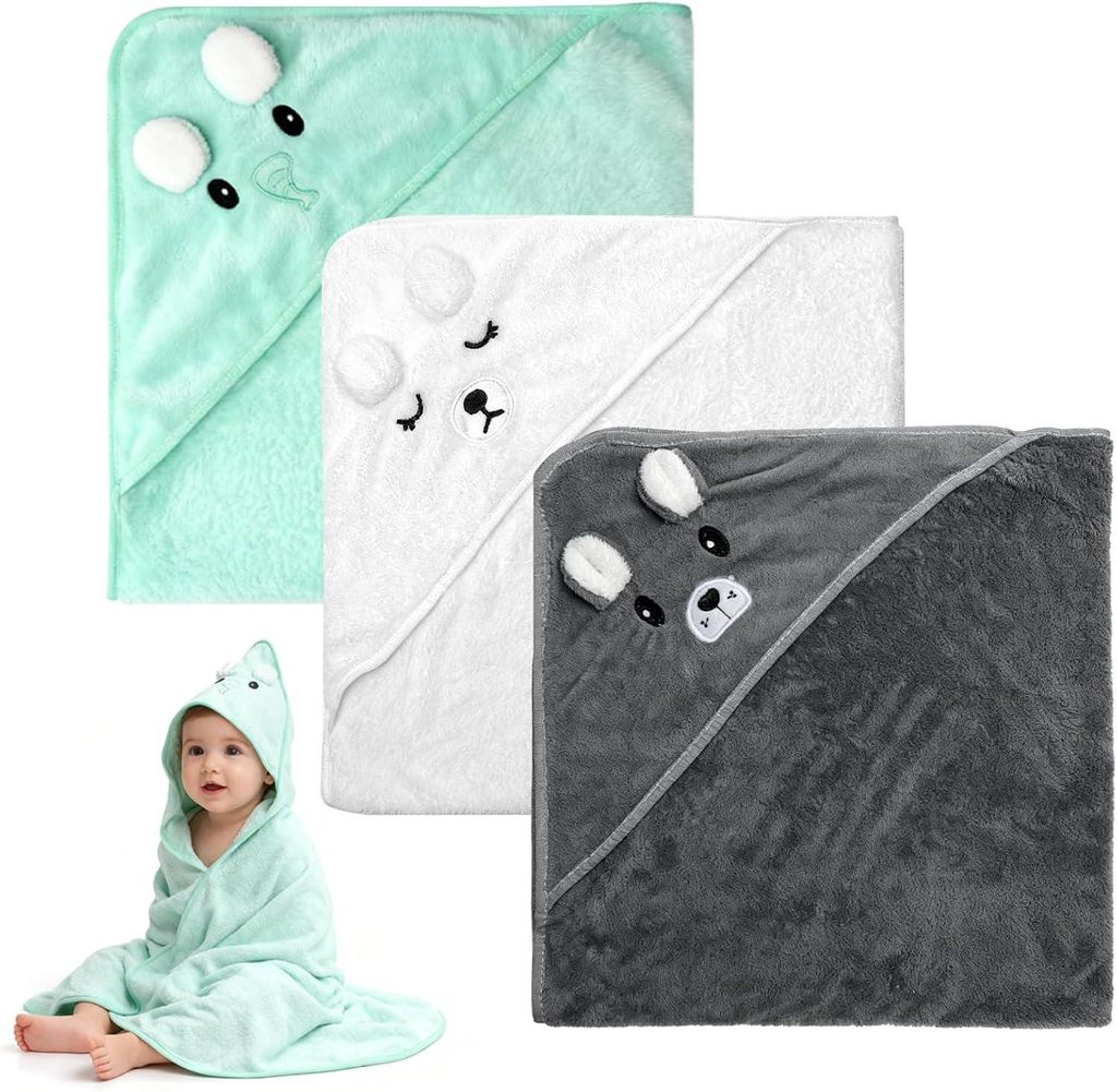 3-teiliges Baby-Bademantel-Set, 80 x 80 cm Babyhandtuch, Baby-Badetuch mit Kapuze, super saugfähige Handtücher und Bademäntel für Pool, Strand,...