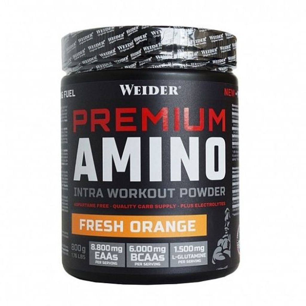 A black container of Weider Premium Amino Intra Workout Powder in Fresh Orange flavor.