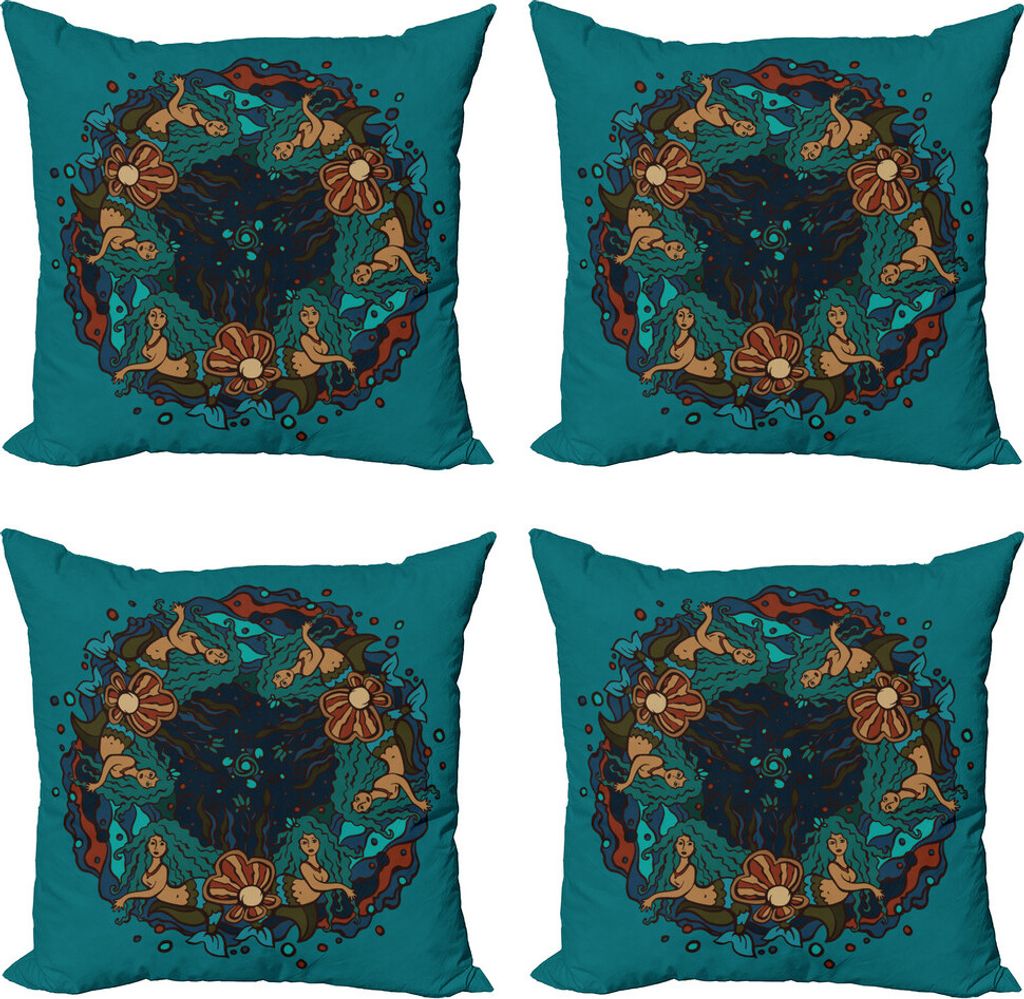 ABAKUHAUS Meerjungfrau Kissenbezug Set (4 Stück), Vintage Marine-Theme, Moderner Doppelseitiger Digitaldruck, 50 cm x 50 cm, Teal Red Creme