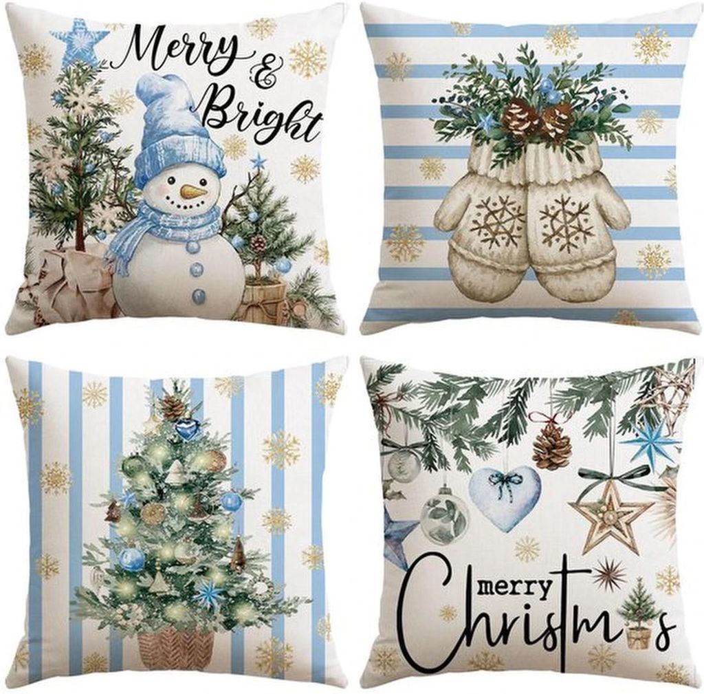 Unyqoos Set mit 4 dekorativen Weihnachtskissenhüllen mit Schneemann-Motiv für Wohnzimmer und Schlafzimmer