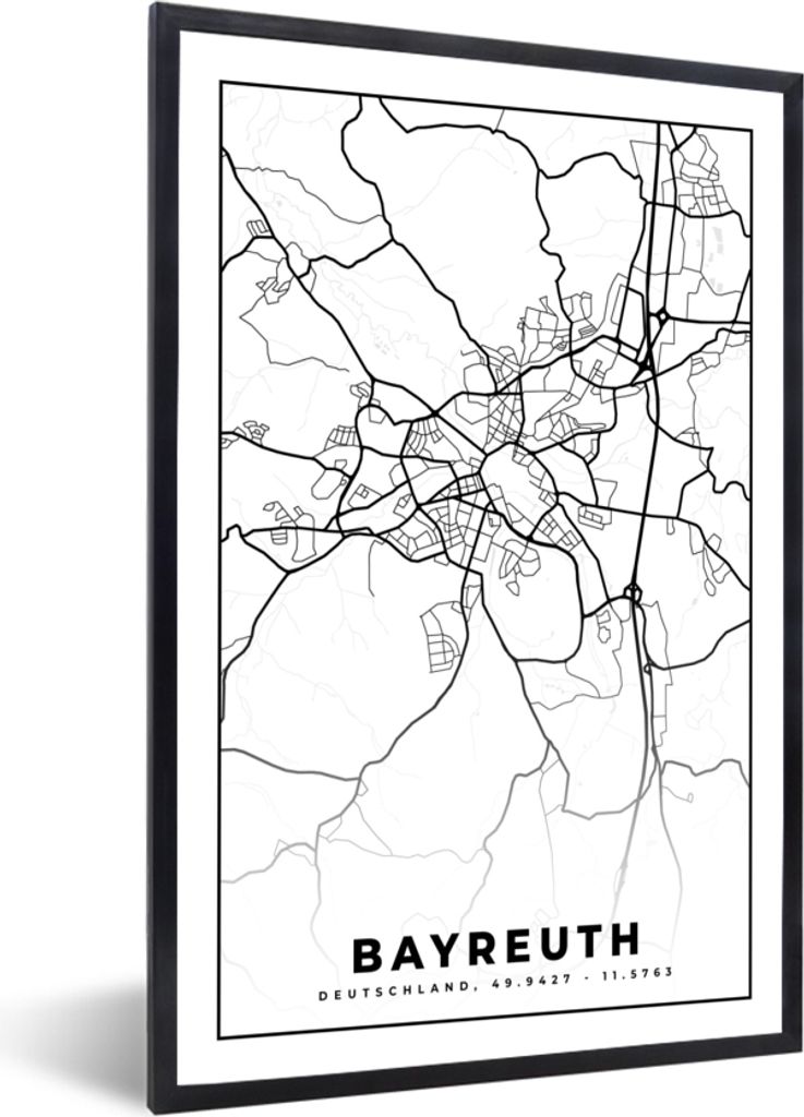 MuchoWow Gerahmtes Poster Karte - Bayreuth - Stadtplan 20x30 cm - Poster mit Schwarzem Bilderrahmen Wandposter Rahmen Foto Bilder - Drucken - Bil...