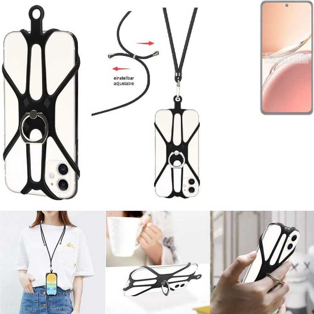 K-S-Trade 3in1 Handykette Handyband Handykordel Halsband Smartphone-Ring Handy-Ring kompatibel mit Oppo Reno12 FS 4G Fingerhalterung Handyring