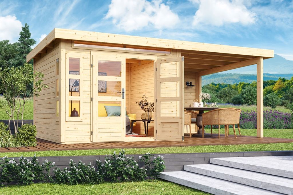 Karibu Gartenhaus Gerätehaus Kastorf 6 im Set mit Anbaudach 3,2 m Breite und 28 mm Rückwand naturbelassen 565x274x222 cm