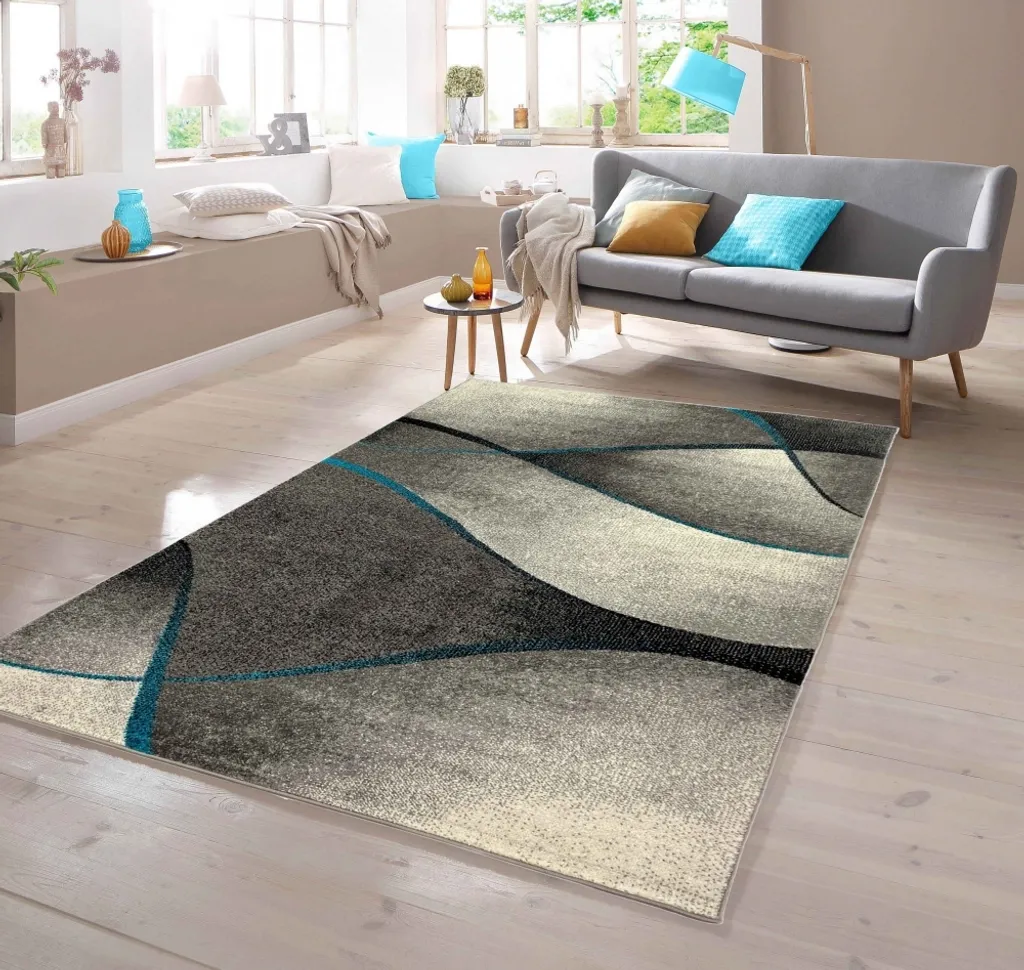 Tapis design vagues bleu et gris anthracite - Qualité Premium 160x220cm