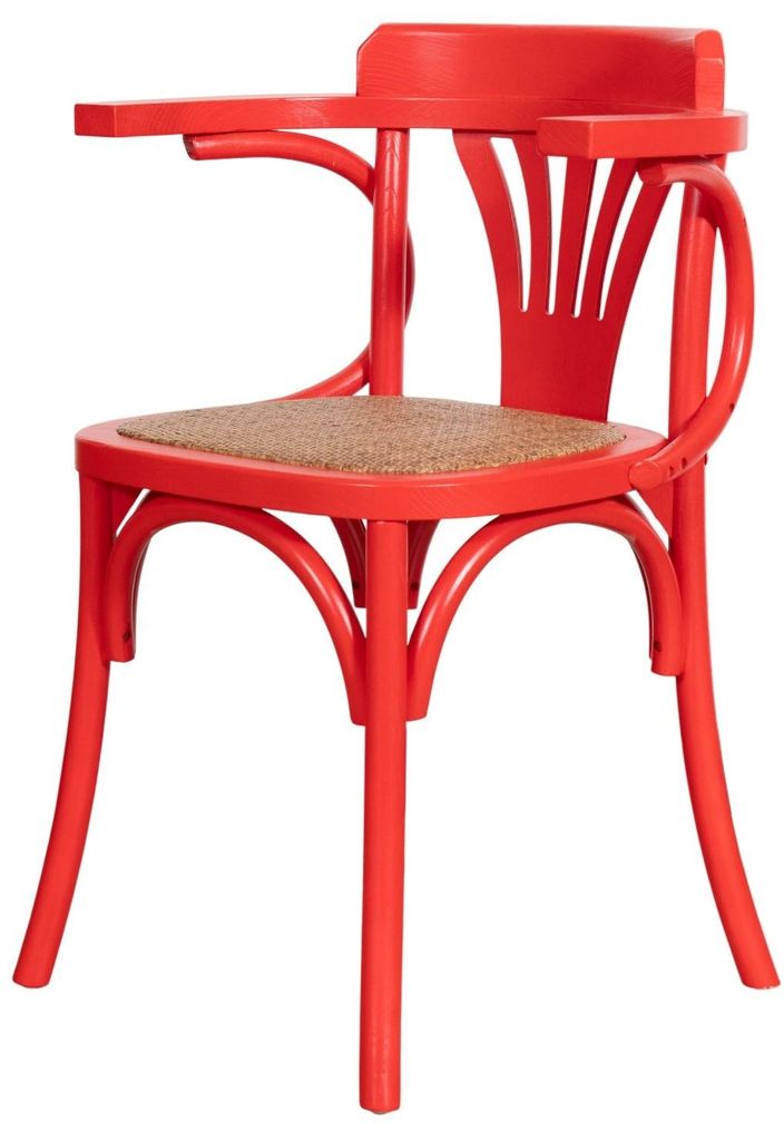 Stuhl mit Armlehnen aus massiver Esche mit roter Oberfläche und Sitzfläche aus Rattan
