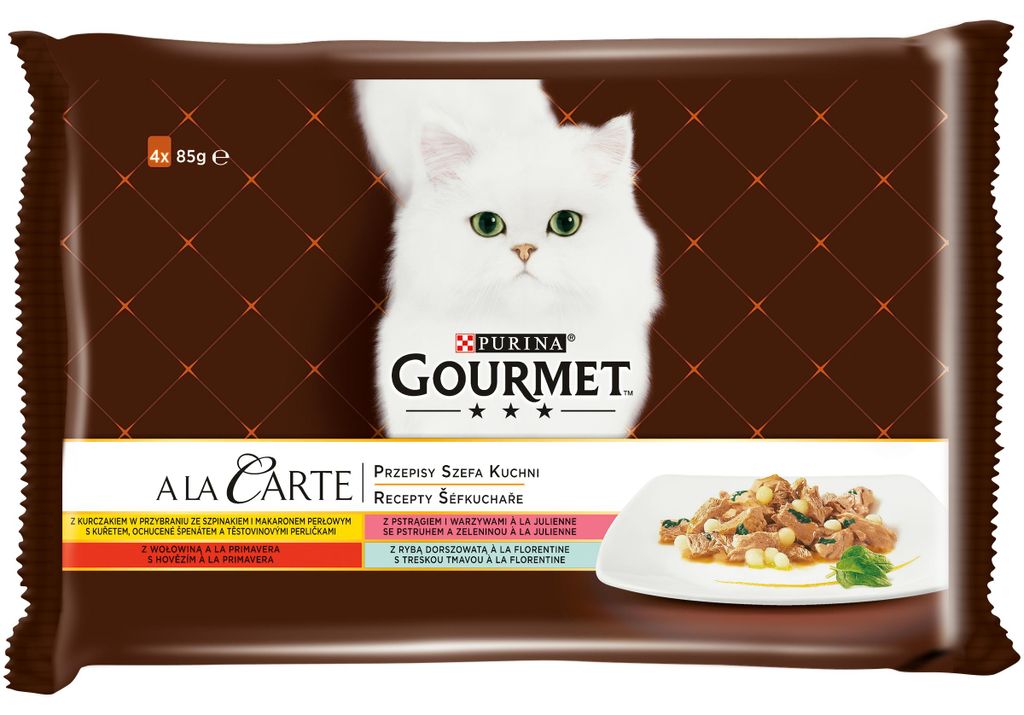 Karma mokra dla kota GOURMET A la Carte - Kurczak, Pstrąg, Wołowina, Rdzawiec - 4 x 85 g