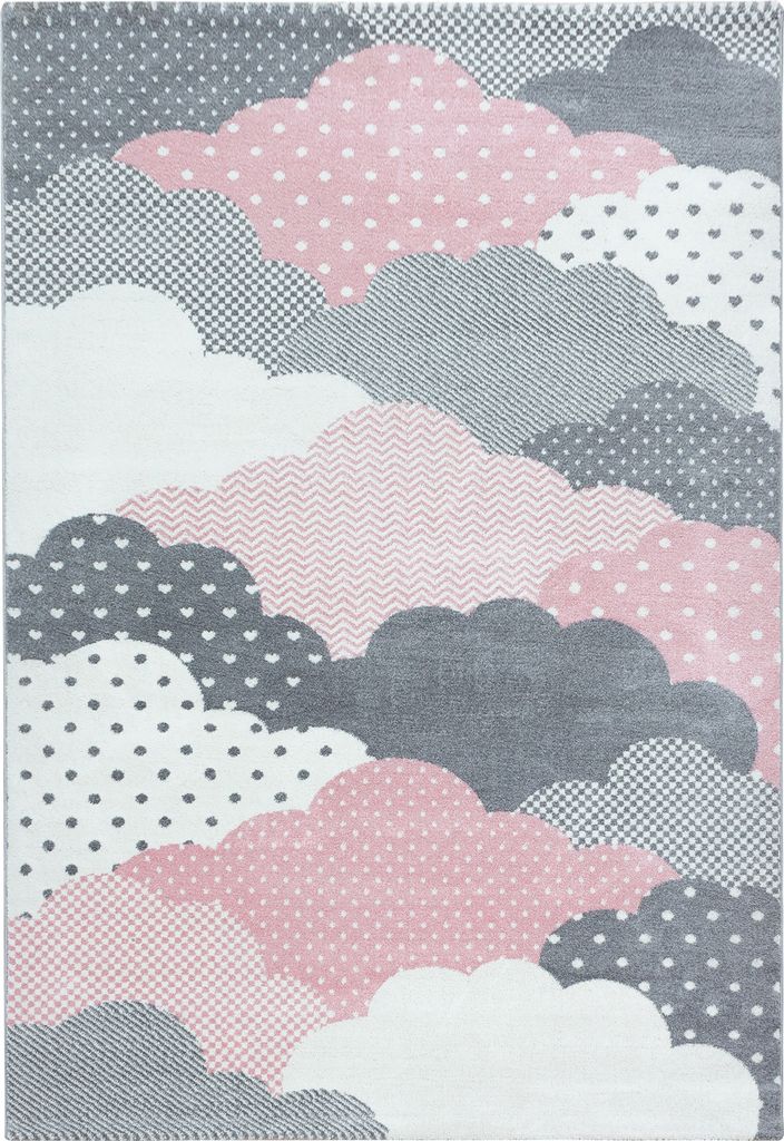 Teppich Kinder Kurzflor Wolken Polypropylen Kinderzimmer Pink Rechteckig 140x200 | Kadima Design