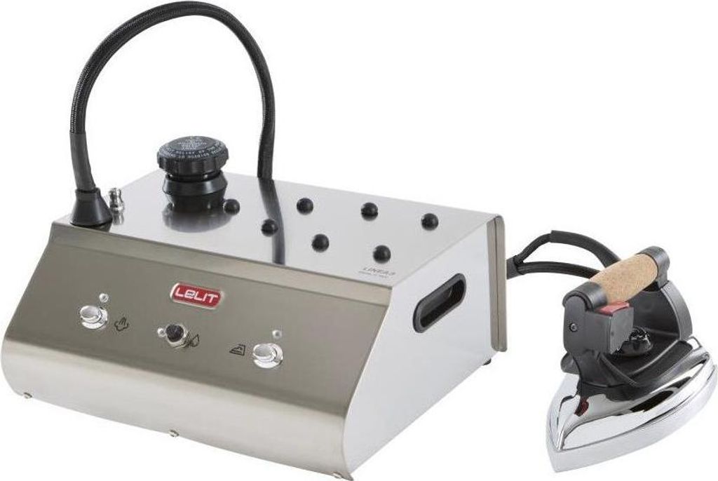 A steam ironing station with an iron and its base unit, shown against a white background.
