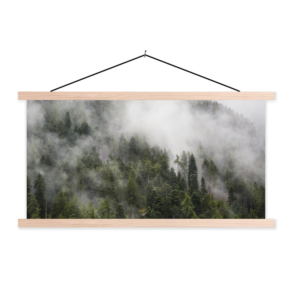 MuchoWow Textilposter Wald - Nebel - Berg 120x60 cm mit holzfarbenen Rahmen - Klemmleiste