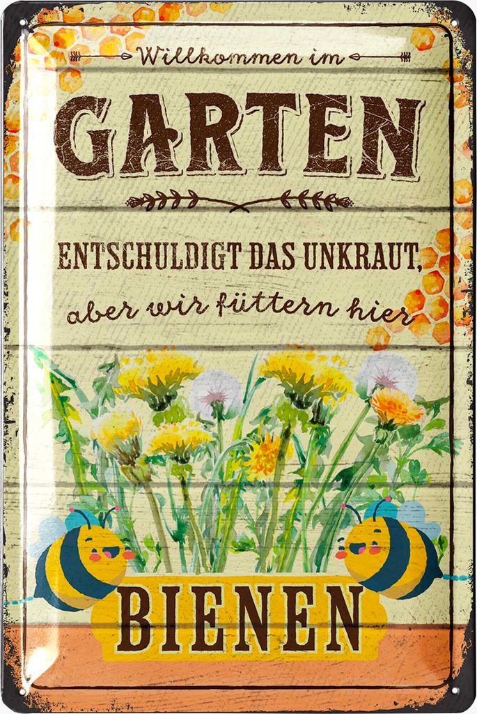 LANOLU Retro Blechschild Garten - Kein Unkraut, wir füttern hier Bienen - Garten Schilder für draußen, Schilder für den Garten 20x30cm