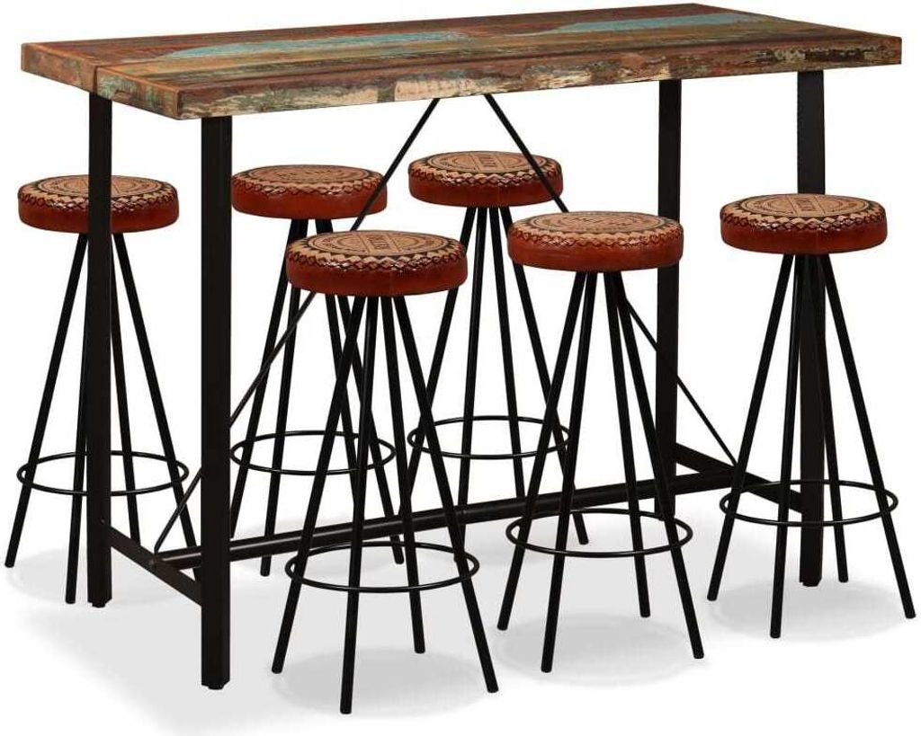 The Living Store 7-tlg. Bar-Set Altholz Massiv, Echtleder und Canvas