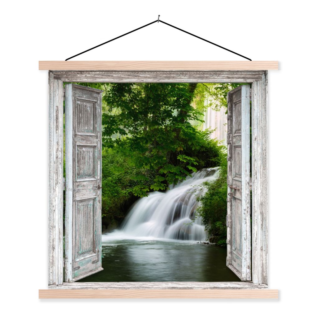 MuchoWow Textilposter Wasserfall - Aussicht - Landschaft 60x60 cm mit holzfarbenen Rahmen - Wanddekoration