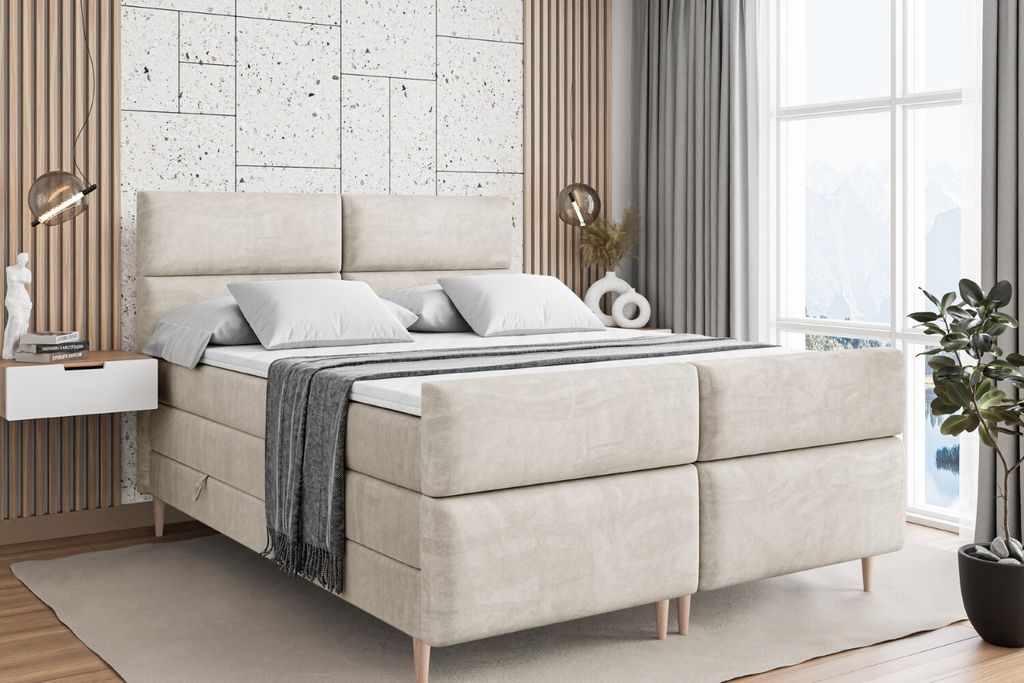 ALTDECOR Boxspringbett mit Holz Füßen, Matratze und Lattenrost, Topper, Fußteil, Polsterbett mit Bettkasten, Bett mit Stauraum H3- und H4- Matra...