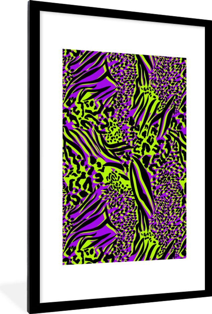MuchoWow Gerahmtes Poster Neon - Lila - Grün - Tiermuster 60x90 cm - Poster mit Schwarzem Bilderrahmen Wandposter Rahmen Foto Bilder - Dekoratio...