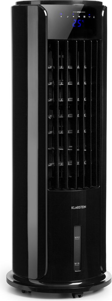 A black tower fan humidifier is shown against a white background.