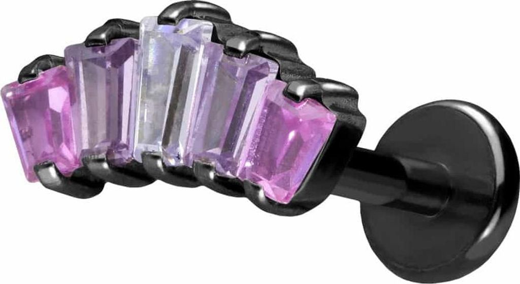 Ohrpiercing, Nasenpiercing Titan Labret mit Push Fit 5 EINGEFASSTE KRISTALLRECHTECKE Schwarz Stablänge: 8mm | Stabstärke: 1mm