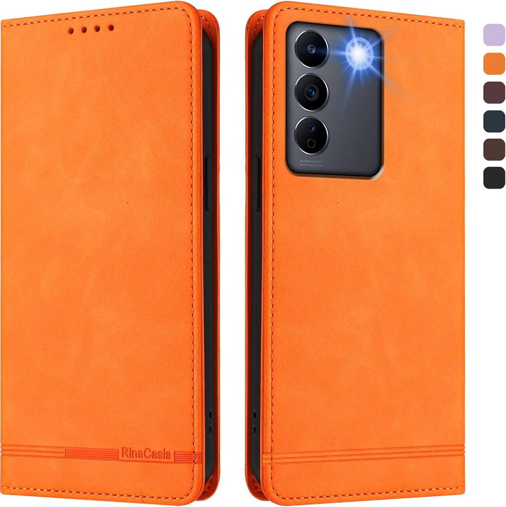 Hülle für Vivo V27 / V27 Pro, Retro Kunstleder Ständer Klapphülle mit Kartenfächer und Magnetische Orange