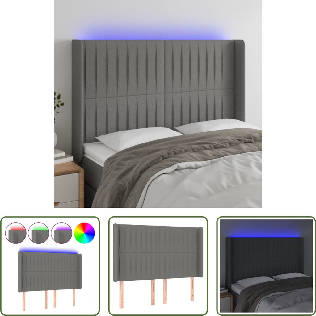 The Living Store LED Kopfteil Dunkelgrau 147x16x118/128 cm Stoff